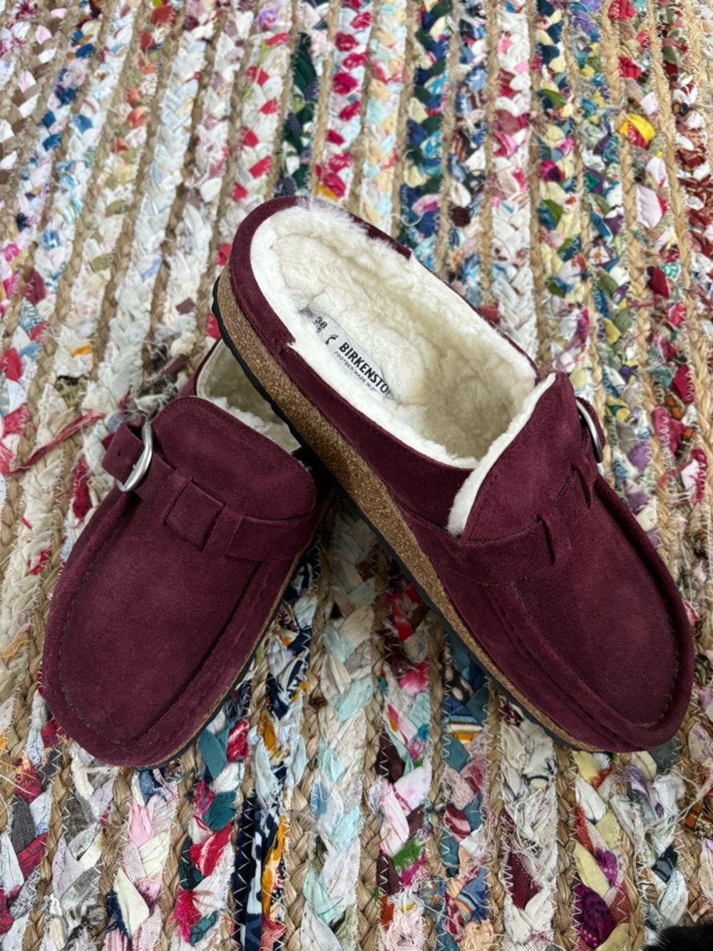 Birkenstock Shearling-Lined Buckley Suede Clog in Burgundy